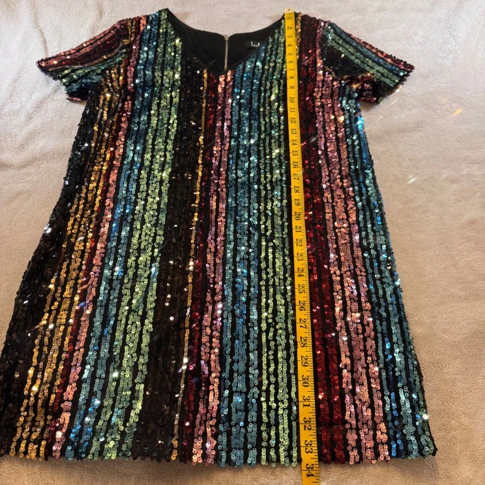 Chic Disco Rainbow Glam Sequin Mini Dress Party NYE Cocktail Stripe Retro Sz L